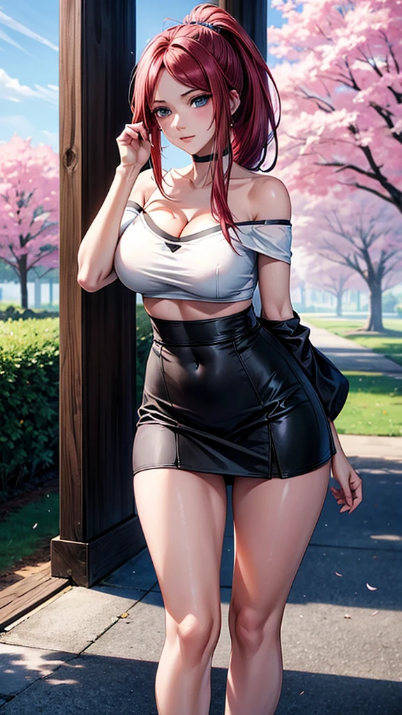 best quality, highres,uzumaki_kushina,Slender、small face、blue eyes、tall、In town、long hair、ponytail,(white short sleeve t-shirt:1.4 BREAK)、(black skirt:1.2)、(beautiful woman:1.5)、2、Mature、midriff peek,(off-the-shoulder:1.3)、(I can see the cleavage:1.3),face on front , standing,cherry trees,full body shot,huge breast, cleavage,navel,bellybutton,ass,butt hole, transparent 