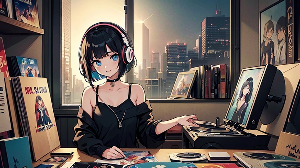 1 girl, solo, blue eyes, (detailed eyes), flat chest, short hair, black hair, upper body, gentle smile on her face, sitting up straight((masterpiece, illustration, best quality) A very detailed beautiful woman, Perfect face,Black Hair, bob cut,Bangs, , , Retro Wave, , Sad atmosphere, night light through the window, night vibes, Room, 2d, (long shot), Old comics, (A lot of records:1.3), vinyl plastic record shop, (masterpiece, best quality, best quality, Official Art, beautiful and aesthetic: 1.2), Old anime texture, Solitary, Cyberpunk, vinyl plastic, night, wearing headphones