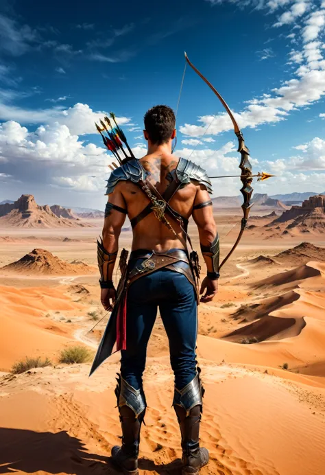 (Archer, bow and arrow), archer is in a desolate desert, alert to the dangers around him. The background is the desert and the v...