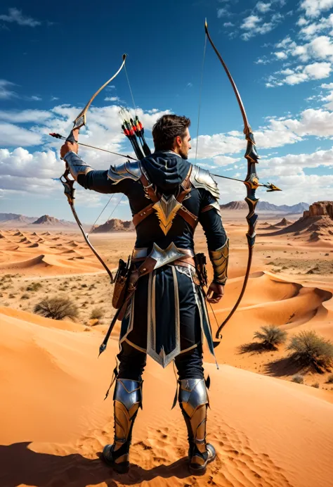 (Archer, bow and arrow), archer is in a desolate desert, alert to the dangers around him. The background is the desert and the v...
