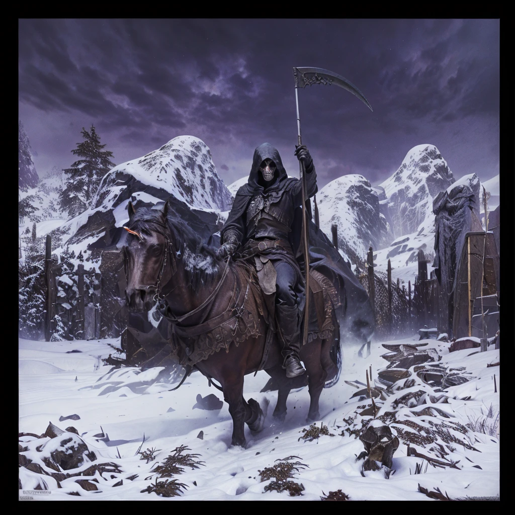 hooded death on horseback with a scythe in the snow, A dark (hooded) figure, with the face of death depicted as a skull, holding an hourglass in his right hand and raising an imposing oz with his left hand, dark fantasy oil painting, cinematic lighting, detailed facial features, detailed clothing, dramatic composition, moody colors, deep shadows, intricate background details, realistic rendering, masterpiece, cinematic lighting, photorealistic, highly detailed, dramatic atmosphere, chiaroscuro, muted color palette, intricate details, mystical and foreboding tone