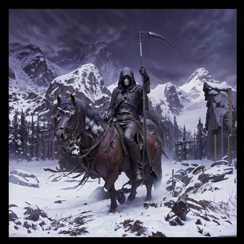 hooded death on horseback with a scythe in the snow, a dark (hooded) figure, with the face of death depicted as a skull, holding...