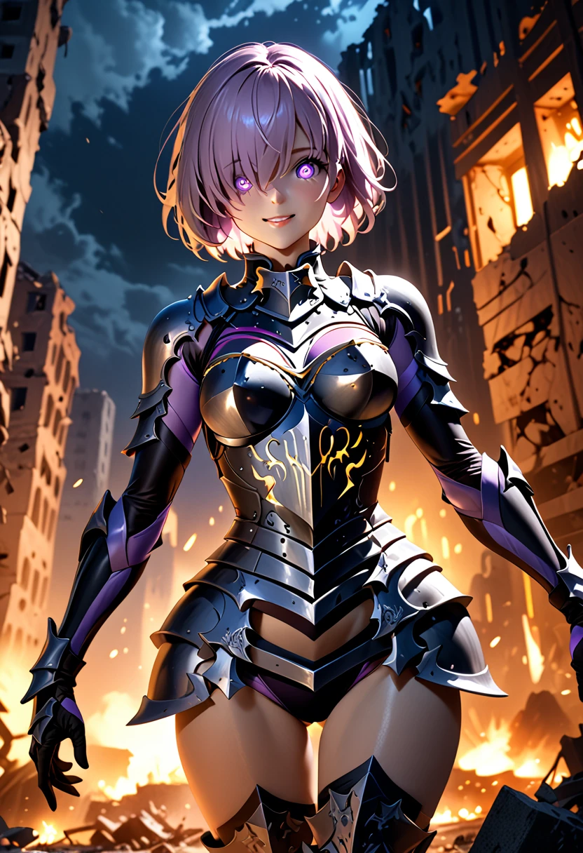 (masterpiece, top quality, best quality, beautiful and aesthetic:1.2), full body, SFW, extremely detailed, detailed face and eyes, cinematic light, depth of field, 1girl, seducing smile, solo, official, (full armored knight:1.4), dark armor, mash kyrielight, light purple hair, short hair, hair over one eye, slim body, cinematic lighting, dramatic lighting, dramatic atmosphere, hyper-realistic, high resolution, stunning contrast, high quality, best quality, 8k, 4k, intricately detailed, (amazing details:1.2), highly detailed skin, powerful presence, vibrant colors, (detailed eyes:1.2), striking eyes, (detailed background), (warzone on background, night, ruins), (dynamic angle:1.2), (dynamic pose:1.2) 