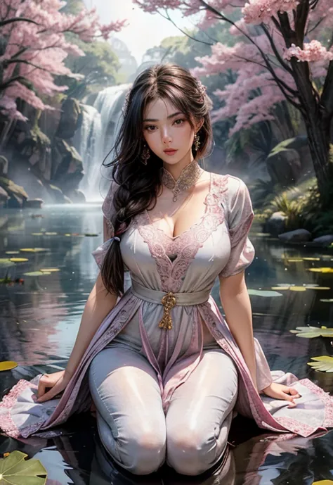 kneeling in the lotus pond, lots and lots of lotus flowers, the painting depicts an attractive woman in a long flowing dress, pi...