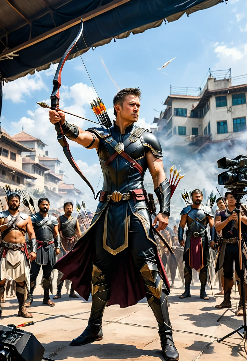 (Archer, bow and arrow), Hawkeye, Comic Book, Marvel movie, full body, (Photography), panoramic view, award-winning, cinematic still, emotional, vignette, dynamic, vivid, (masterpiece, best quality, Professional, perfect composition, very aesthetic, absurdres, ultra-detailed, intricate details:1.3)