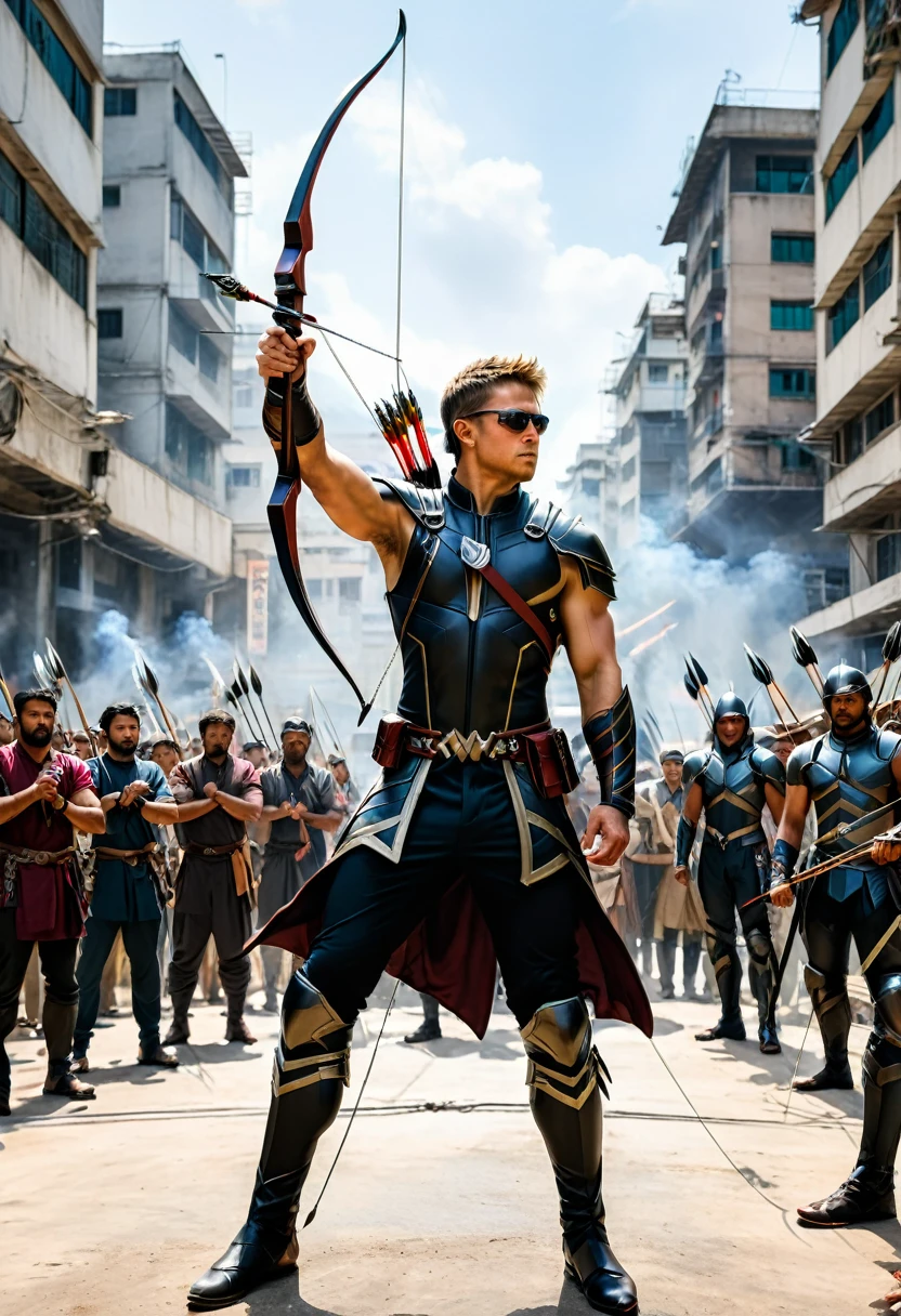 (Archer, bow and arrow), Hawkeye, Comic Book, Marvel movie, full body, (Photography), panoramic view, award-winning, cinematic still, emotional, vignette, dynamic, vivid, (masterpiece, best quality, Professional, perfect composition, very aesthetic, absurdres, ultra-detailed, intricate details:1.3)