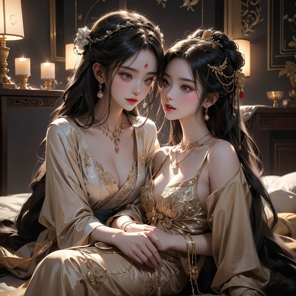 1. Three aristocratic ladies, embodying elegance and luxury, are reclined on a plush bed in an opulent Chinese-style bedroom, their bodies intertwined in a forbidden yet intimate moment. The scene is captured in exquisite detail, a masterpiece of artistry, with high-resolution images revealing every intricate stitch in their luxurious hanfu and the delicate lines of their Chinese underwear. The ladies, adorned with intricate crown jewels, delicate necklaces, and long hair adorned with hair ornaments, are locked in a passionate kiss, their teeth shining brightly against the dark studio backdrop. The atmosphere is electric, filled with the soft light