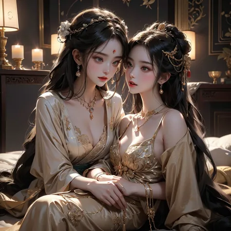 1. Three aristocratic ladies, embodying elegance and luxury, are reclined on a plush bed in an opulent Chinese-style bedroom, th...