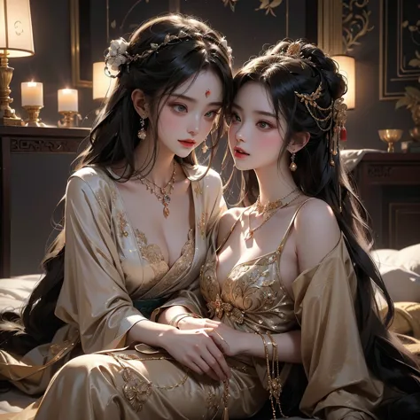 1. three aristocratic ladies, embodying elegance and luxury, are reclined on a plush bed in an opulent chinese-style bedroom, th...