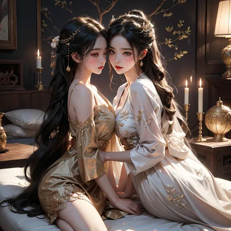 In this best quality masterpiece, captured in highres, we see three noble girls in a luxurious chambers bedroom background. They...