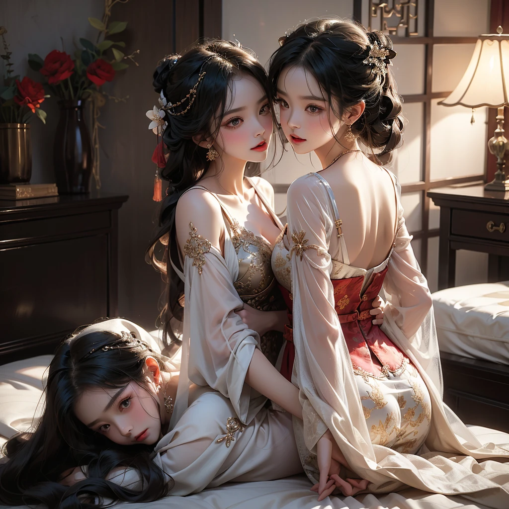 In this best quality masterpiece, captured in highres, we see three noble girls in a luxurious chambers bedroom background. They are lying on a bed, their bodies intertwined intimately as they engage in passionate acts of love. Shot from behind, we witness their sensual connection as they kiss and explore each other's bodies with a seductive touch. The scene is both alluring and forbidden, depicting the beauty of Asian culture with the intricate details of hanfu attire. The long dresses, adorned in various colors, are complemented by thin lace nightgowns that expose deep slits in their chests. Underneath their garments, they wear traditional Chinese underwear and stockings, all of them adorned with delicate lace and mesh patterns. The stockings are held in place by g