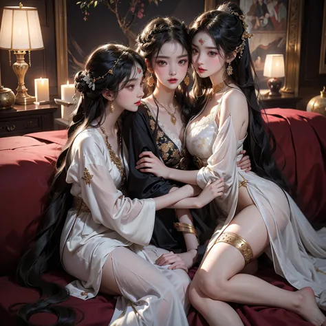 1. Best quality: The scene features three noble girls in luxurious chambers, each lying on their bed in a bedroom background fil...