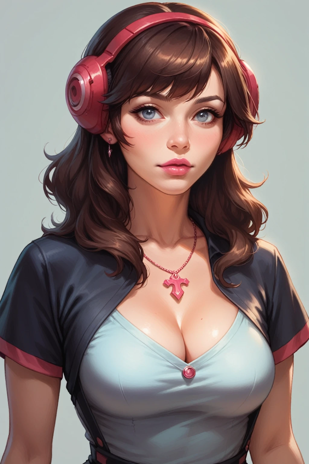 Brown Haired girl, red headphone in hair, blue-grey eyes, necklace, cleavage, pink lips, sweet girl. Grey background. Masterpiece, detailed, UHD