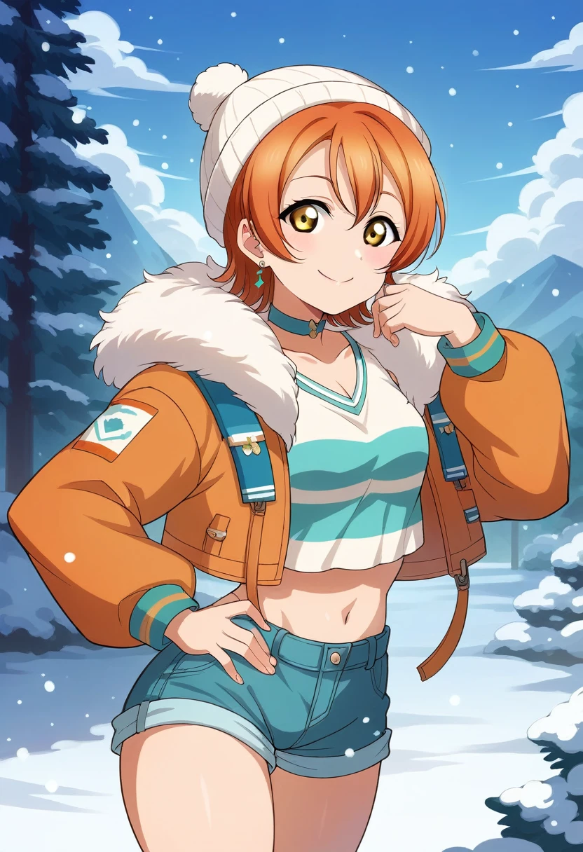 (Masterpiece, Best Quality, High Quality), Rin Hoshizora Love Live, orange hair, yellow eyes, cowboy shot,looking at viewer, smile, bangs, white beanie hat , crop top, jewelry, closed mouth, jacket, earrings, outdoors, sky, shorts, fur trim, cute choker, snow, snowing, mountain, fur-trimmed jacket, mountainous horizon, hand on hip 