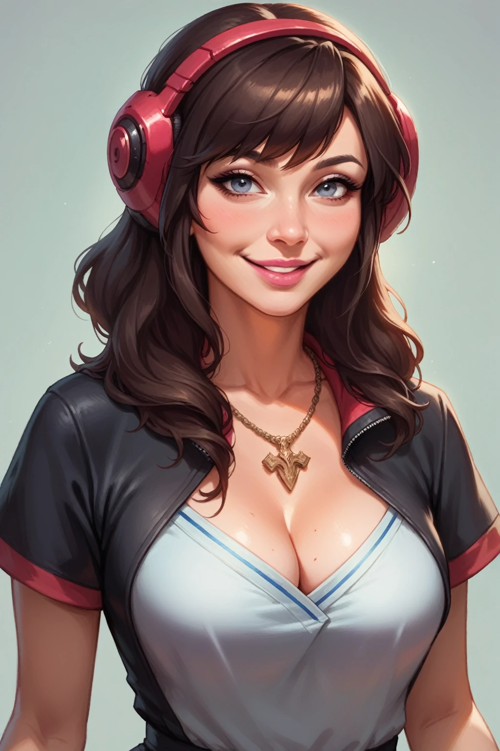 Brown Haired girl, red headphone in hair, blue-grey eyes, intense look, black eyeliner, brown necklace, cleavage, medium breast, pink lips, smiling, sweet girl. Grey background. Masterpiece, detailed, UHD