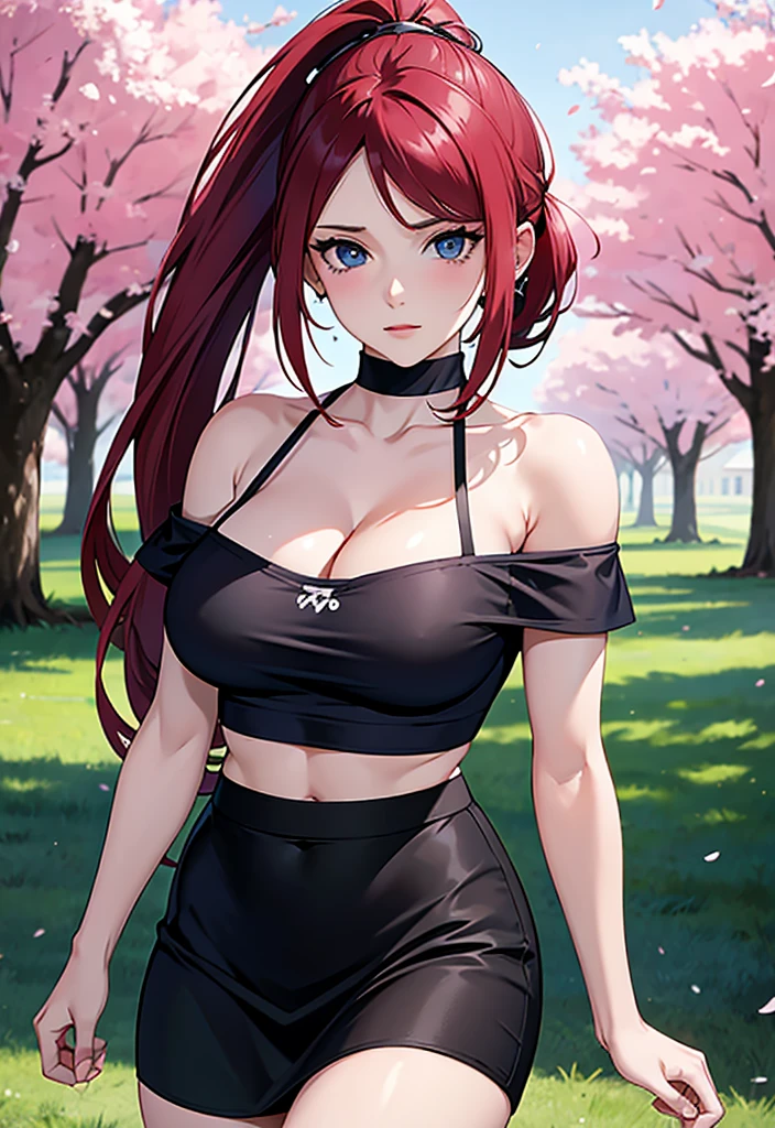 best quality, highres,uzumaki_kushina,Slender、small face、blue eyes、tall、In town、long hair、ponytail,(white short sleeve t-shirt:1.4 BREAK)、(black skirt:1.2)、(beautiful woman:1.5)、2、Mature、midriff peek,(off-the-shoulder:1.3)、(I can see the cleavage:1.3),face on front , standing,cherry trees,full body shot,huge breast, cleavage,navel