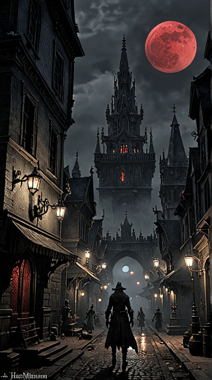 ville de Yharnam, Huile, lune rouge, Réaliste, Attention aux détails, effrayé, Que&#39;c&#39;est horrible, environnement sombre et chaleureux, 8k, Incroyable, (Utilisation du message secret de propagation des rêves),  (Images en noir et blanc, accents rouges), ultra-haute résolution