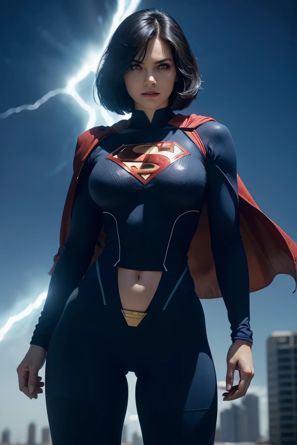 superwoman, Young woman dressed in tights, Short bob style hair, Tight suit in blue and red tones with the iconic symbol "S" superman on the chest.
- suit that covers the entire body enhancing female anatomy, standing, with a firm and confident posture, big hips, big buttocks, small waist, big chest, flying over a city with a determined look.
- In a dynamic pose, ready for action, with one arm extended and the other flexed.
- Determined and confident look, transmitting both power and compassion.
- A soft but confident smile can add warmth and bring the character closer.
- A cosmic scene with planets and stars, showing your connection to the universe.
- A post-battle landscape with destroyed elements, highlighting her role as protector.
- Soft, warm light that highlights the textures and details of the suit.
- Shadows that accentuate the muscles and figure, creating a dramatic contrast.
- Light effects that suggest energy and power emanating from the character.
- Hair blowing in the wind, adding dynamism.
- Visual effects such as flashes of light or auras that enhance your power.
- Add moving elements, like hair, to give life and energy to the image.
