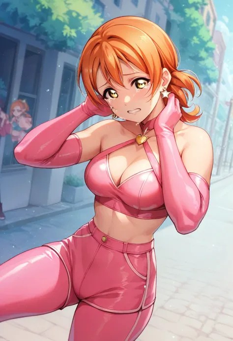 masterpiece, best quality, hoshizora rin love live, yellow eyes, orange hair,(pink tight crop top), halter neck,elbow gloves, (p...