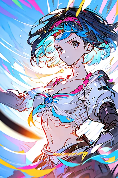 djeeta 　blue hair　black headband　facing forward　looks strong　black armor　cleavage is coming out　i have a protruding belly　erase ...