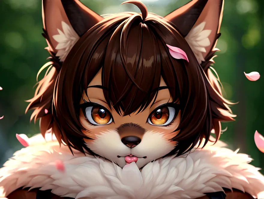 (Furry:1.2), Realistic fur, Down to the last detail, Big eyes, I want to create an entire image in 3D anime style, alone, View your viewers, short hair, bangs, Brown Hair, One boy, Brown eyes, Mouth closed, Upper Body, Male Focus, Blurred, lips, petal, Blu...