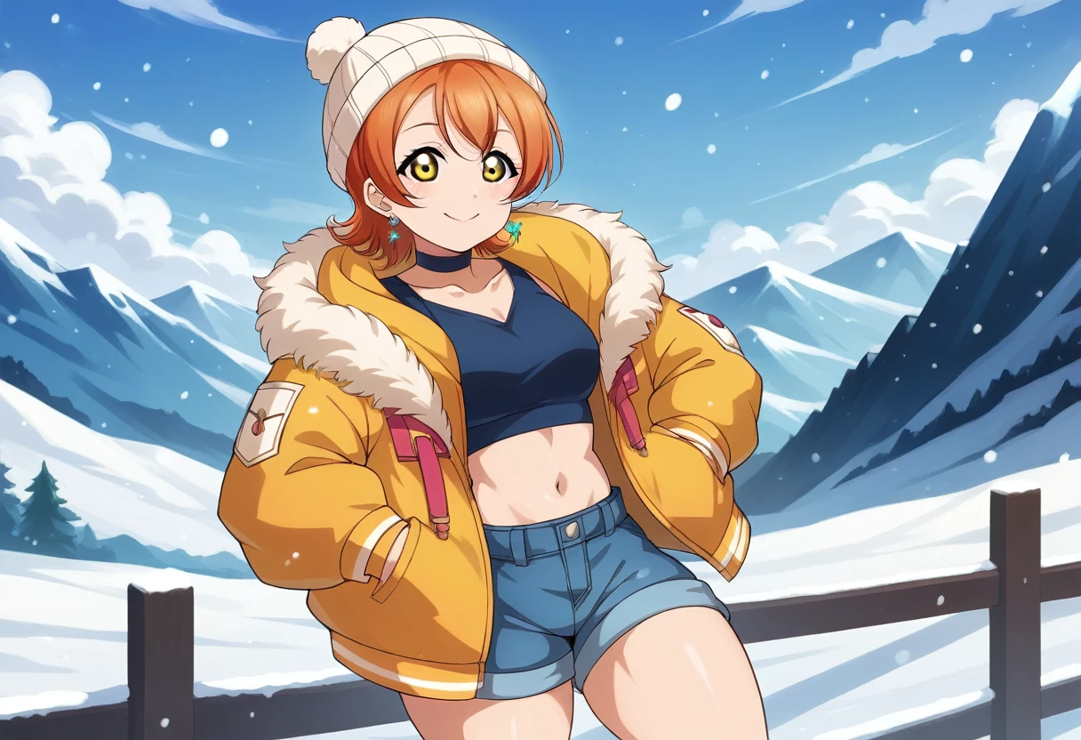 (Masterpiece, Best Quality, High Quality), Rin Hoshizora Love Live, orange hair, yellow eyes, cowboy shot,bangs, white beanie hat , crop top, jewelry, closed mouth, jacket, earrings, outdoors, sky, shorts, fur trim, cute choker, snow, snowing, mountain, fur-trimmed jacket, mountainous horizon, smile ,(lipstick:0.7), hands in pocket ,thicc thighs 