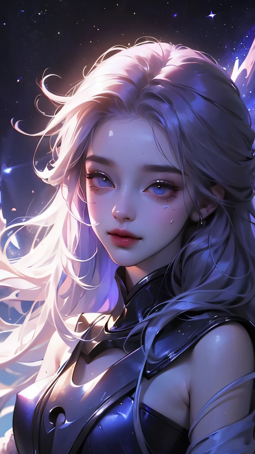 ((girl, fur)), Brilliant eyes, blue pupils，smile, fur少女,long hair, ceramic body, hip gap, ((The background is a city with a technology feel.)),The starry sky is magnificent， (translucent, Reflective skin), (Surrealism: 1.4), ((Detailed facial features, Detailed eyes, detailed face)), portrait 