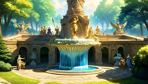 summer heat, anime aestetics, noon, park full of trees, big fountain in the center, greek style fountain, little rainbows, green...