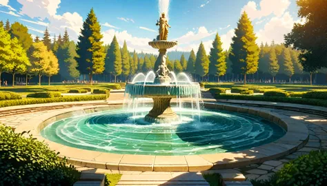 summer heat, anime aestetics, noon, park full of trees, big fountain in the center, greek style fountain, little rainbows, green...