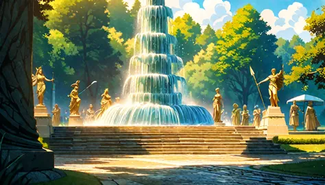 summer heat, anime aestetics, noon, park full of trees, big fountain in the center, greek style fountain, little rainbows, green...