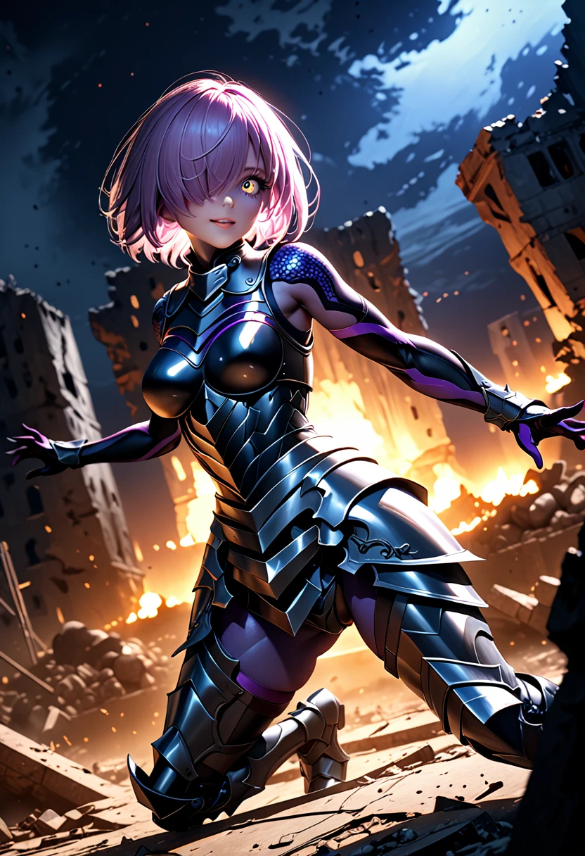 (masterpiece, top quality, best quality, beautiful and aesthetic:1.2), full body, SFW, extremely detailed, detailed face and eyes, cinematic light, depth of field, 1girl, seducing smile, solo, official, (full armored knight:1.4), dark armor, mash kyrielight, light purple hair, short hair, hair over one eye, slim body, cinematic lighting, dramatic lighting, dramatic atmosphere, hyper-realistic, high resolution, stunning contrast, high quality, best quality, 8k, 4k, intricately detailed, (amazing details:1.2), highly detailed skin, powerful presence, vibrant colors, (detailed eyes:1.2), striking eyes, (detailed background), (warzone on background, night, ruins), (dynamic angle:1.2), (dynamic pose:1.2)