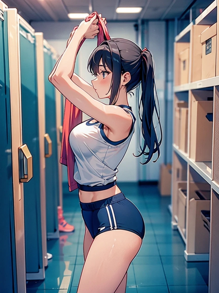 A woman taking off her jersey in the gym storage room, Exhibitionism, 