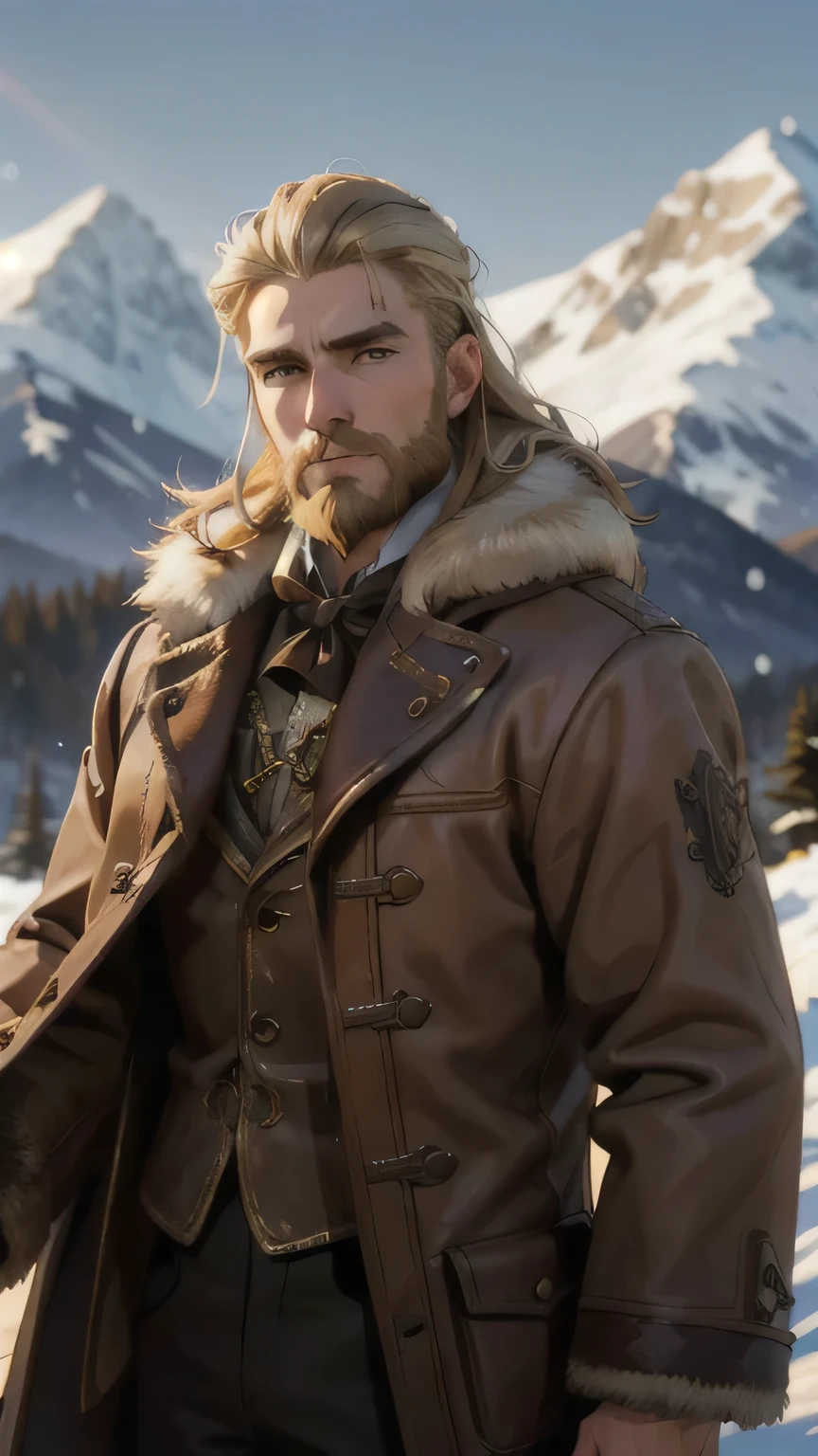 Steampunk Maine, long light hair, blonde with a beard, brown fur coat, detailed face, early morning, snowy mountains, depth of field, blurred background
