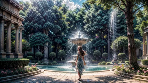 summer heat, anime aestetics, noon, park full of trees, big fountain in the center, greek style fountain, little rainbows,  wate...