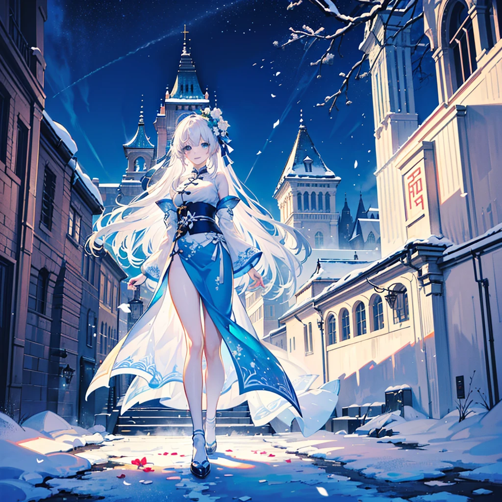 ((best quality，masterpiece，Extremely complex and exquisite details，There is only one beautiful girl with long white straight hair and blue eyes，Smile，long skirt))，(Exquisite light blue and white Chinese clothing，Beautiful bright and exquisite snow-white distant city building background)，(correct anatomy，exquisite face)，(Exquisite fantasy dream style，Snow，Falling Flowers，The great outdoors)，((Long-distance full body picture of a single person))