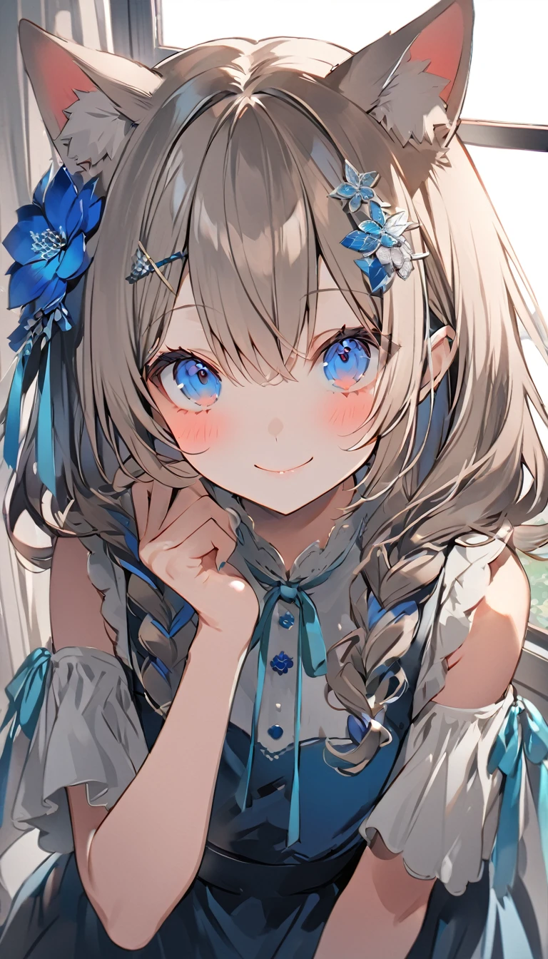 a female with long red and white hair standing on a chair by a window, 1girl, solo, blue eyes, hair ornament, animal ears, smile, virtual youtuber, hair flower, flower, looking at viewer, blush, closed mouth