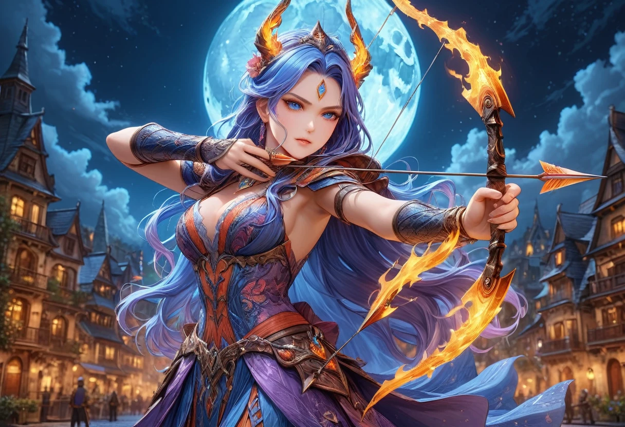 a picture of fire sorceress firing a flaming arrow from a magnificent epic bow, an (elite glamour beautiful: 1.2), fire sorceress, ultra detailed face,  perfect face, blue hair, long hair, wavy hair, wearing wild glamour dress, intricate dress, purple dress , with fire patterns on it, aiming an epic bow with a (diamond tip arrowhead: 1.3),  dynamic bow, sting drawn to the cheek , arrow ready to be shot, dynamic bow, sting drawn to the cheek , arrow ready to be shot, it is night, moon light, starry night, cloudy night,  high details, best quality, 16k, [ultra detailed], masterpiece, best quality, (extremely detailed), dynamic angle, full body shot, fantasy urban street at night bacground,  ,faize, firing and arrow, bow (weapon)