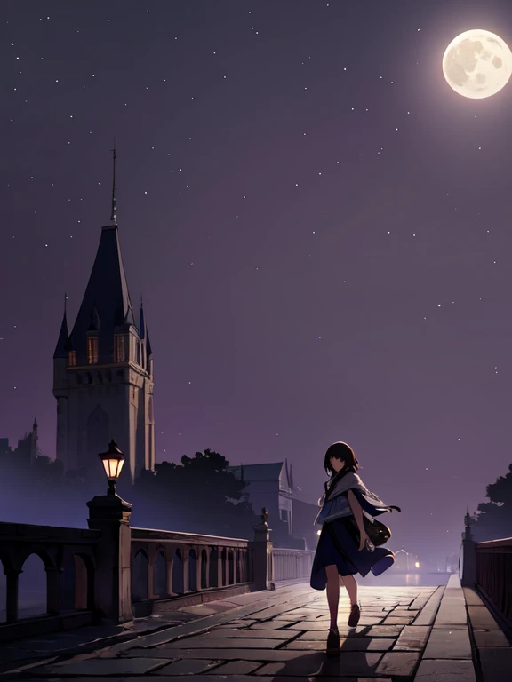 A dark-haired girl walks through the castle garden on a full moon night.