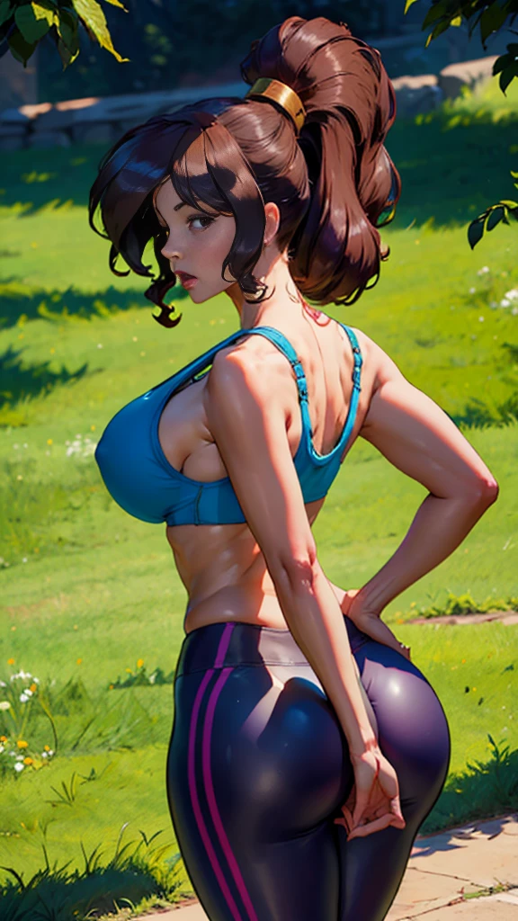 extremely delicate and beautiful, Amazing, finely detail, masterpiece, ultra-detailed, highres,best illustration, best shadow,intricate,sharp focus,  high quality, Megara, Megara from Disney, solo, long brown hair, curvy, milf, (giant breasts), sexy body, genshin impact, sports bra, yoga pants, cutesexyrobutts style