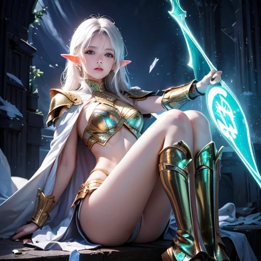 impressive realistic masterpiece, Good without bridges, beautiful and beautiful young elf with a slender and well-proportioned figure, meian and perky breasts, long and shapely legs, small waist, thin hips, toned belly, long silver-white hair, (big neon green eyes , crystal clear and shiny), cute face, small nose. , wearing golden metal plate armor force details 
very sexy intricately decorated, small revealing armor ((shiny runes cover the armor)), armored boots up to the knees, bare abdomen, lots of skin exposed, a white cape flutters behind the elves, arcane rays. Energy swirls around her, her hands glowing as she prepares to cast a powerful spell, lightning passes through and around her.