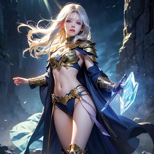 impressive realistic masterpiece, Good without bridges, beautiful and beautiful young elf with a slender and well-proportioned figure, meian and perky breasts, long and shapely legs, small waist, thin hips, toned belly, long silver-white hair, (big neon green eyes , crystal clear and shiny), cute face, small nose. , wearing golden metal plate armor force details 
very sexy intricately decorated, small revealing armor ((shiny runes cover the armor)), armored boots up to the knees, bare abdomen, lots of skin exposed, a white cape flutters behind the elves, arcane rays. Energy swirls around her, her hands glowing as she prepares to cast a powerful spell, lightning passes through and around her.