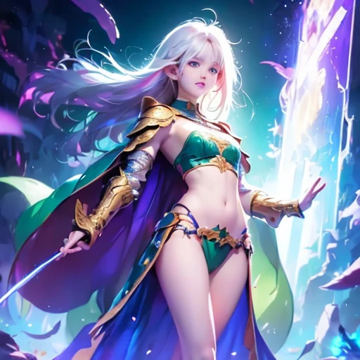 impressive realistic masterpiece, Good without bridges, beautiful and beautiful young elf with a slender and well-proportioned figure, meian and perky breasts, long and shapely legs, small waist, thin hips, toned belly, long silver-white hair, (big neon green eyes , crystal clear and shiny), cute face, small nose. , wearing golden metal plate armor force details 
very sexy intricately decorated, small revealing armor ((shiny runes cover the armor)), armored boots up to the knees, bare abdomen, lots of skin exposed, a white cape flutters behind the elves, arcane rays. Energy swirls around her, her hands glowing as she prepares to cast a powerful spell, lightning passes through and around her.