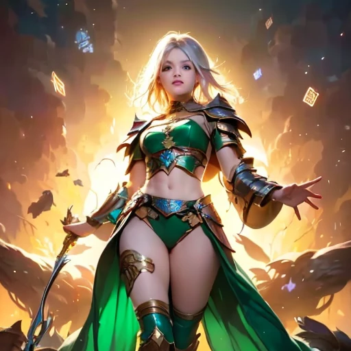 impressive realistic masterpiece, Good without bridges, beautiful and beautiful young elf with a slender and well-proportioned figure, meian and perky breasts, long and shapely legs, small waist, thin hips, toned belly, long silver-white hair, (big neon green eyes , crystal clear and shiny), cute face, small nose. , wearing golden metal plate armor force details 
very sexy intricately decorated, small revealing armor ((shiny runes cover the armor)), armored boots up to the knees, bare abdomen, lots of skin exposed, a white cape flutters behind the elves, arcane rays. Energy swirls around her, her hands glowing as she prepares to cast a powerful spell, lightning passes through and around her.