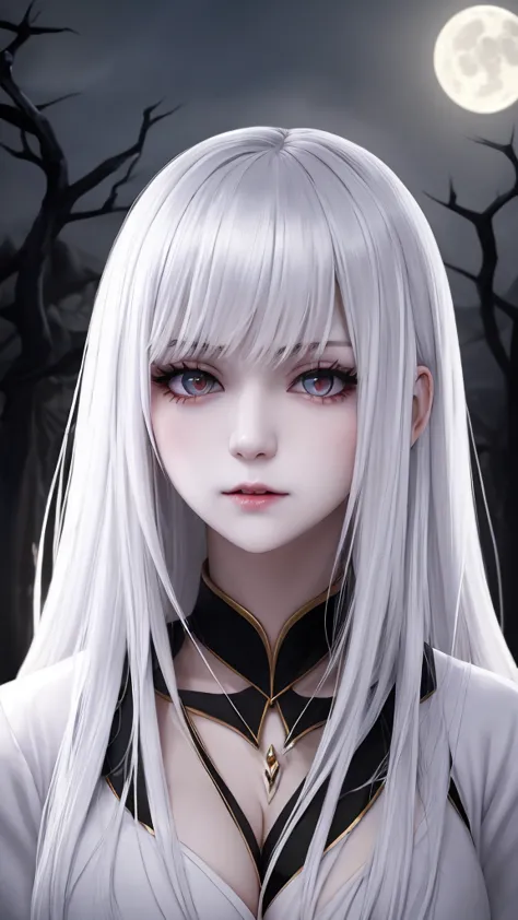 beautiful woman, vampire, expressionless face, wearing a white short ghotic clothing, pale white skin, night and fog, yandere ty...
