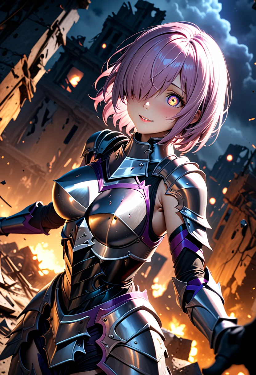 (masterpiece, top quality, best quality, beautiful and aesthetic:1.2), full body, SFW, extremely detailed, detailed face and eyes, detailed hands, cinematic light, depth of field, 1girl, seducing smile, solo, official, (full armored knight:1.4), dark armor, mash kyrielight, light purple hair, short hair, hair over one eye, slim body, cinematic lighting, dramatic lighting, dramatic atmosphere, hyper-realistic, high resolution, stunning contrast, high quality, best quality, 8k, 4k, intricately detailed, (amazing details:1.2), highly detailed skin, powerful presence, vibrant colors, (detailed eyes:1.2), striking eyes, (detailed background), (warzone on background, night, ruins), (dynamic angle:1.2), (dynamic pose:1.2)