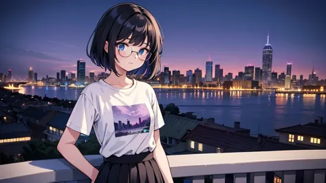 1girl, solo, blue eyes, (detailed eyes), flat chest, short hair, black hair, ((white t-shirt)), simple t-shirt, black skirt, bla...