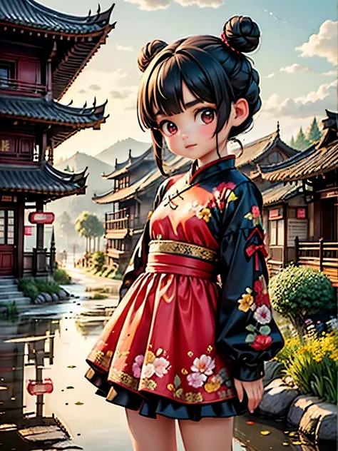 4K，High resolution，Realistic，Very young girl，10 years old，Small ，Black Hair，Thick eyebrows，Blunt bangs，Braided twin bun hairstyle，The eye color is dark brown，Big eyes，Red Chinese Dress，Dynamic Angle，Long Shot，whole body，Long Shot，background，countryside，Crowded main street，Improper behavior_scenery，[Browsing Caution:2.0],Long Shot