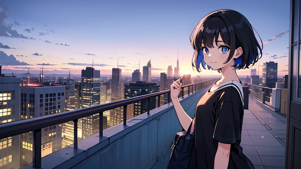 1girl, solo, blue eyes, (detailed eyes), flat chest, short hair, black hair, ((white t-shirt)), simple t-shirt, black skirt, black socks, standing, upper body, gentle smile on her face((masterpiece, illustration, best quality)) girl in a blue coat Wear sunglasses Behind is the cityscape in the evening. There are twinkling lights of the city amidst the blue, blue, and purple sky. Cool girls stand on high balconies or bridges. Looking out at the city with a confident and calm expression. The colors of the picture emphasize the dramatic tone. close up to the face