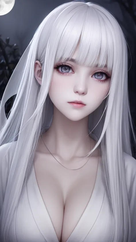 beautiful woman, ghost, expressionless face, wearing a white short ghotic clothing, pale white skin, night and fog, yandere type...