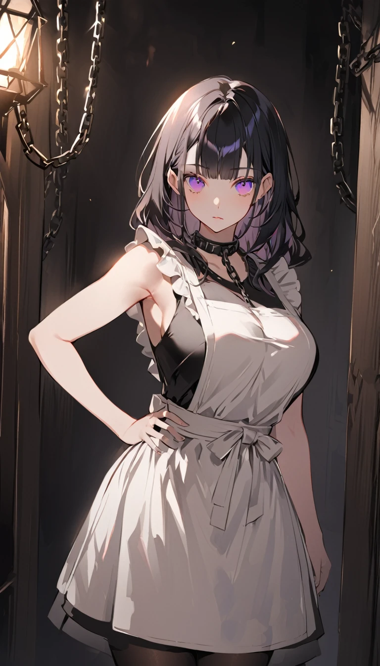 this is an animated woman in an apron stands in a dark room, 1girl, purple eyes, chain, breasts, solo, apron, dress, pantyhose, looking at viewer, black dress, hand on hip, large breasts, bangs, cosplay, black hair, frills